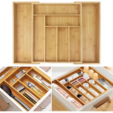 Bamboo Extendable Cutlery Tray 6-8 Compartment Utensil Holder Organiser Drawer (1/5)