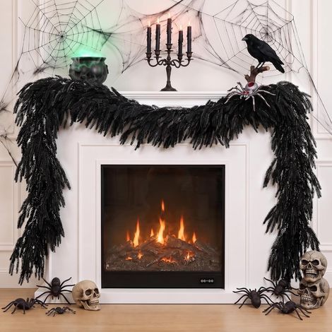 Guirlande Artificielle Noire 180cm, Décor Halloween Style Pin de Norfolk Anneaux de Suspension Inclus, pour Cheminée, Escalier, Porte, Table, Ambiance Gothique, Décoration de Fête Halloween (1/5)