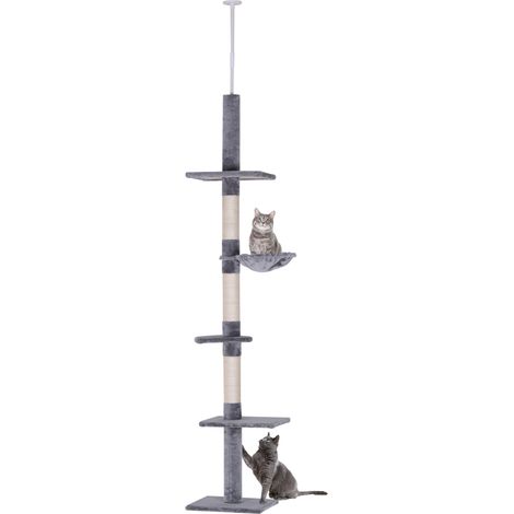 PawHut Kratzbaum deckenhoch Höhe 230-260 cm Katzenbaum mit Sisalstämme, Plattformen mehrstöckiger Katzenkratzbaum Kletterbaum für kleine & große Katzen, Grau (1/8)