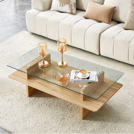 Tavolino da soggiorno 115x55x40 cm con piano in vetro temperato e ripiano portaoggetti, effetto legno naturale, design moderno (1/5)