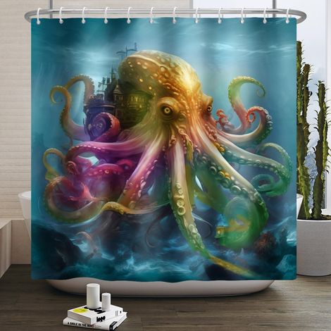 165x183cm Octopus Rideau de Douche Couleur Octopus touchers Fort Antique océan rétro Marine Faune Sea Monster côte Nautique Salle de Bain décoratif Tissu avec Crochet (1/5)