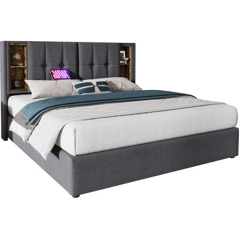 Doppelbett 160x200 cm mit Stauraum, Kopfteil mit kabellosem Laden, grau, Baumwolle (1/5)