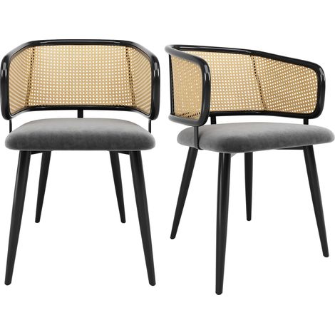 Lot de 2 chaises de salle à manger, chaises avec dossier en rotin et assise en velours pour cuisine salon restaurant, pieds en métal effet, Gris (1/5)