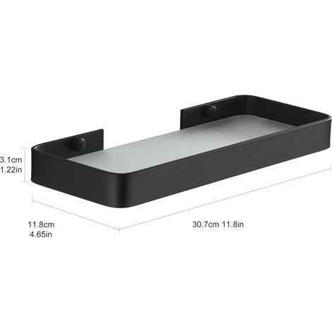 Duschregal ohne Bohren, Wandregal, Badezimmer-Caddy mit Aufbewahrungsorganisator, rostfrei, keine Beschädigung, gehärtetes Glas, Aluminium, Platz für Küchenzubehör, 30 cm, Schwarz (1/5)
