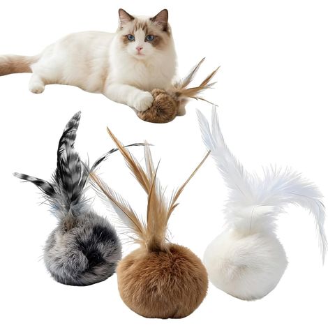 Lot de 3 Jouet Chat, Fourrure Lapin Balle Chat avec Plumes, Doux Moelleux Peluches Jouet Interactif pour Chats Chaton d'intérieur Exercice Chasing Anti-Stress (1/5)