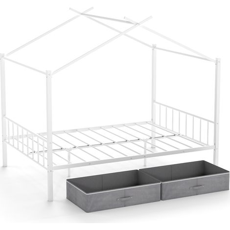 COSTWAY Double Size House Bed Heavy-Duty Metal Platform Bed w/2 Drawers-White (1/5)