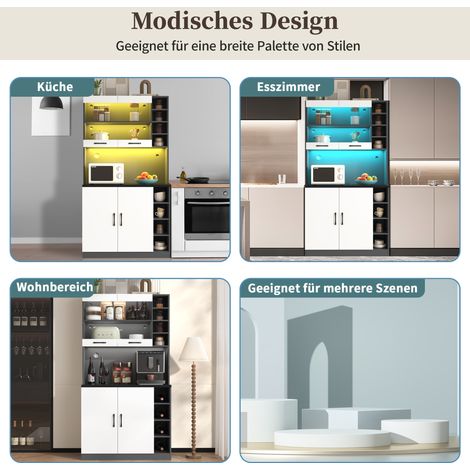 Buffet de cuisine 100x47x187 cm avec éclairage LED intégré, colonne de rangement en bois, espace micro-ondes spacieux, passe-câbles, meuble autoportant, étagères latérales ajustables, grand rangement (1/5)