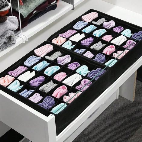Boîte de Rangement pour Chaussettes et Sous-vêtements, Organisateur de Tiroir à 24 Compartiments, Pliable, Gain de Place pour Armoire, Noir (1/4)