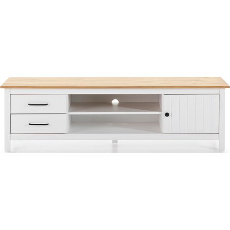 Meuble TV en pin massif décor ciré chêne et blanc, meuble de rangement - Longueur 158 x Profondeur 40 x Hauteur 47 cm -PEGANE- (1/5)