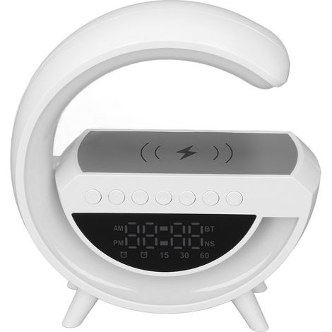 Lampe de chevet avec éclairage d'ambiance, enceinte Bluetooth, chargeur sans fil en forme de G et fonction horloge. (1/5)