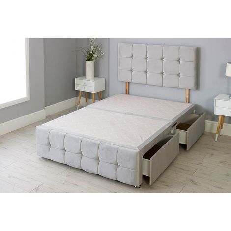 5FT Light Grey Plush Divan Bed Base & Cube Headboard & Footboard with 2 Storage Drawers