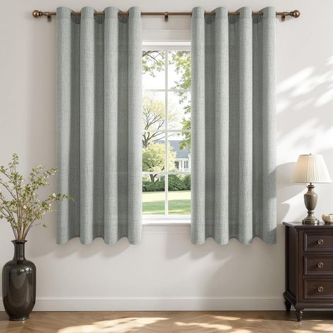 Rideau Effet Lin Voilage Fenetre à Œillets 140 x 160 cm, Rideaux Voilages Courts Tamisants pour Cuisine, Chambre et Salon, Style Naturel, 2 Panneaux, Vert Gris (1/5)