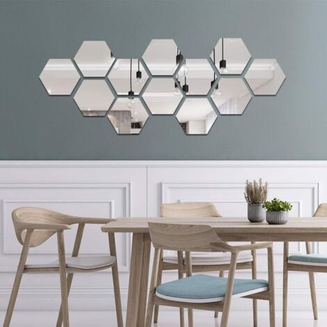 12 Pieces Hexagon, Silver Acrylic Mirror Adhesive Wall Sticker Wall Mirrors Decals Living Room Bedroom Decor 15.6cm x 8cm (1/4)
