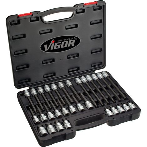 VIGOR Schraubendrehereinsatz Satz, 1/2 (12,5 mm) Vierkant hohl, Innen Sechskant Profil, 30-tlg., 5 - 19, Anzahl Werkzeuge: 30