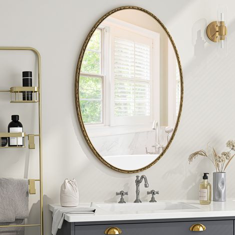 Miroir mural ovale 100x65 cm en verre, fer et MDF, doré, fixation murale gain de place – MEUBLIV (1/5)