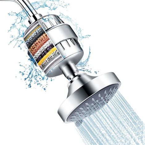 Pommeau de douche et filtre de douche à 15 niveaux, haute pression, 5 réglages de pulvérisation, avec cartouche filtrante adoucissante pour eau dure, élimine le chlore et les substances nocives (1/5)