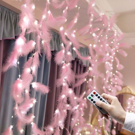 AGE Guirlande de conte de fées de plumes roses de 300 LED, 8 modes d'éclairage, télécommande romantique pour la décoration de mur rideau de mariage, d'anniversaire, de chambre à coucher et de chambre  (1/5)