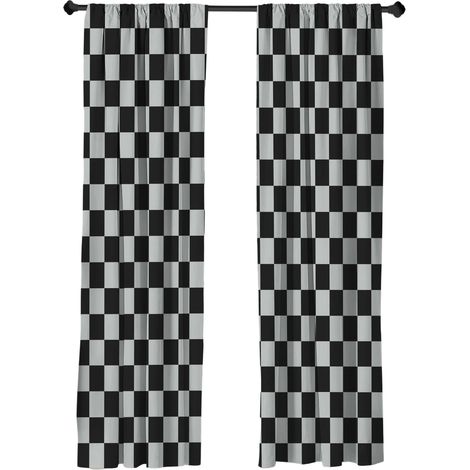 Par de 2 cortinas, estampado de cuadros monocromático, tejido semiopaco, gris antracita, para salón/dormitorio. (1/5)