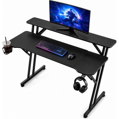 Jiubiaz Bureau Gaming 120x60 cm en Z avec étagère, effet carbone et passe-câbles (1/5)