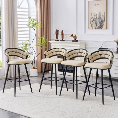 Lot de 4 chaises de bar beige en velours avec pieds noirs en métal, 98 cm (1/5)