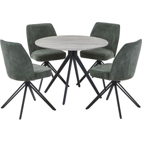 Aspen Grey Oak Round Table & 4 Green Swivel Dining Chairs - Upholstery Fabric - L69 x W46 x H92 cm
