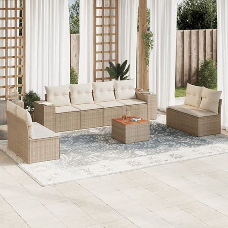 Ensemble Salon Jardin 9 Places Résine Tressée Beige avec Coussins - Table Acacia, Stockage Intégré, Modulaire (1/3)