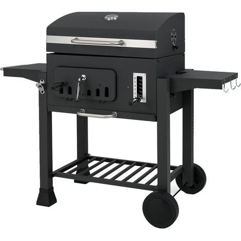 GOPLUS Barbecue Charbon de Bois, BBQ Grill avec Température 0 à 350 °C, Grille, Thermomètre, Tablette Latérale Pliable, Plateau à Charbon Réglable à 6 Niveaux, Étagère, 2 Roues,61 x 57 x 106 CM (1/5)