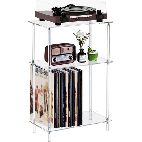 Support de tourne-disque en acrylique transparent à 3 niveaux - Petite table de rangement pour disques vinyles - 40 x 20 x 65 cm - Table de chevet moderne pour salon, chambre à coucher (1/5)