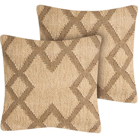 Set of 2 Scatter Cushions Beige and Light Brown Jute and Wool 45 x 45 cm Geometric Pattern Faded Colours GOPI (1/5)