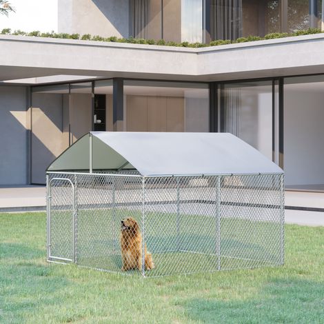 Caseta exterior para perros con techo, 5 m², recinto de malla metálica, espacio cubierto, acero galvanizado, 230 x 230 x 175 cm