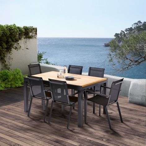 Salon de jardin Ensemble Bali T 6 / 10 + F 6 Teck Noir Wilsa Garden (1/5)