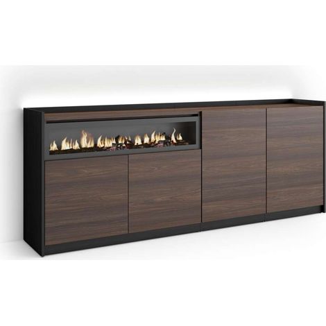 Aparador Almáchar-01 de 207x80x37 cm con 4 puertas, chimenea y luces LED, color roble oscuro y negro (1/4)