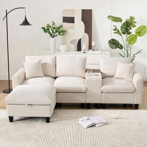 Canapé d'angle - KOMHTOM - 229x149.5x83 cm - Velours côtelé beige - Console USB & porte-gobelets - Coffre de rangement (1/5)