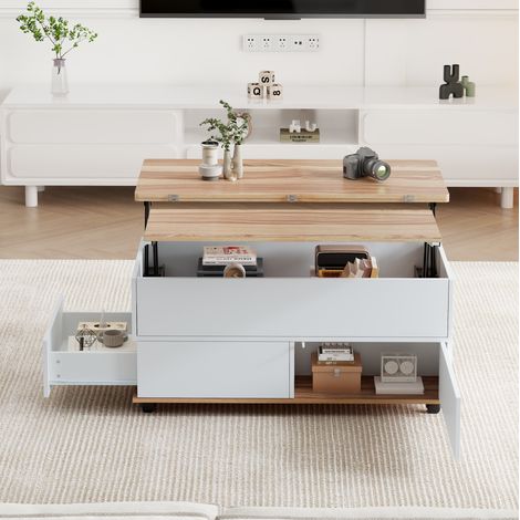 Mesa de centro de tablero de partículas 100 x 98 x 65 cm blanca y madera natural, elevable con almacenaje (1/5)