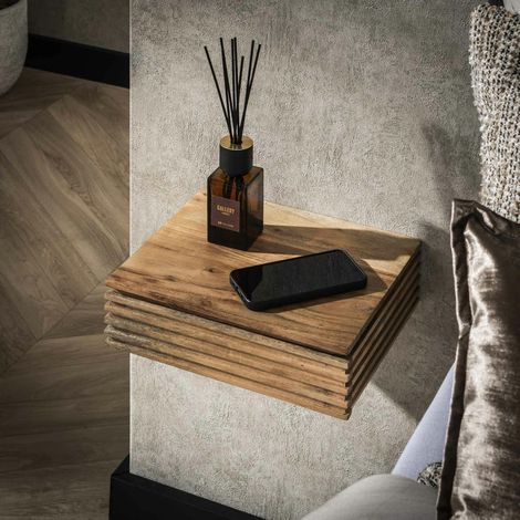 Table de chevet murale en bois d'acacia avec stries (lot de 2) MELBOURNE (1/5)