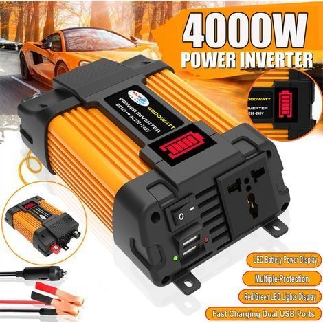 Convertisseur de tension 4000W DC 12V à 220V – Double chargeur USB 4.2A – Protection surcharge et courts-circuits – Affichage puissance batterie (1/5)