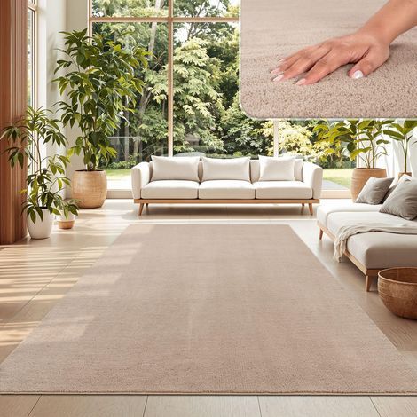 1 Tapis Poil Ras Polyester Lavable 10mm Design Moderne Chauffage Sol Salon 120x160cm Beige (1/5)