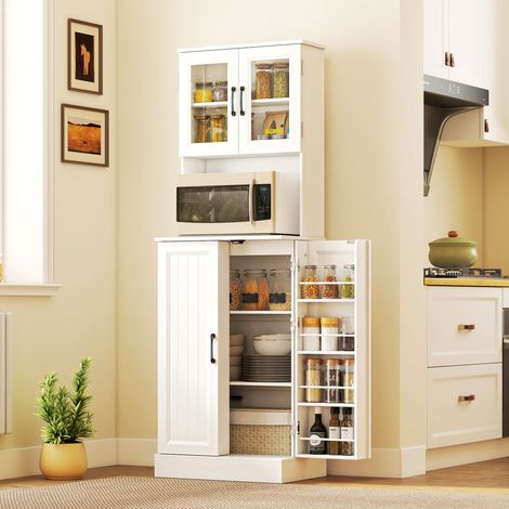 Mueble de cocina, estante ajustable, encimera, puertas acrílicas, orificio para cable, para salón, cocina, comedor, MDF, blanco (1/5)