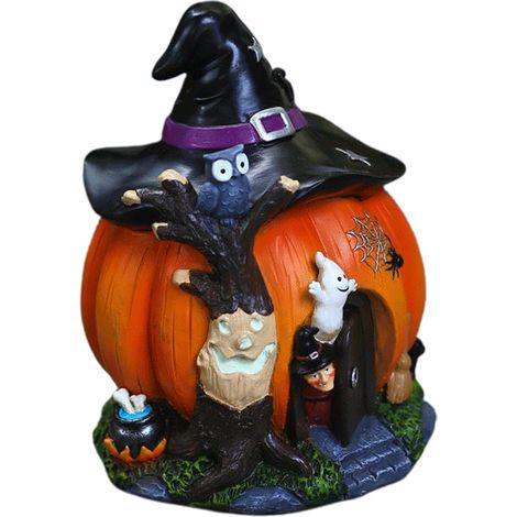 Figurine de maison de citrouille sorcière d'Halloween, statue lumineuse en résine, décoration de bureau, cadeau pour fête d'Halloween (1/5)