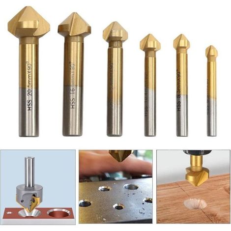 Ensemble de 6 forets à fraiser en acier rapide, forets à fraiser à 90° revêtus de titane, diamètre 6,3-20,5 mm, outils de tournevis, adaptés au bricolage, au traitement du bois, du métal, du PVC et au (1/4)