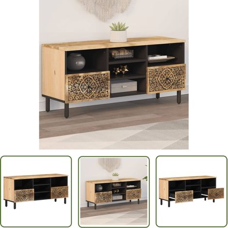 The Living Store Meuble TV 100x33x46 cm bois massif de manguier - Meuble Tv - Meuble Audiovisuel - Support Tv - Unité Tv - Mobilier Retro (1/5)