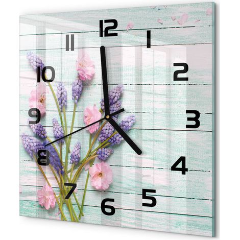Horloge Murale Carrée Élégance Contemporaine Verre Trempé Silencieuse Lavande sur bois 30x30 cm (1/5)