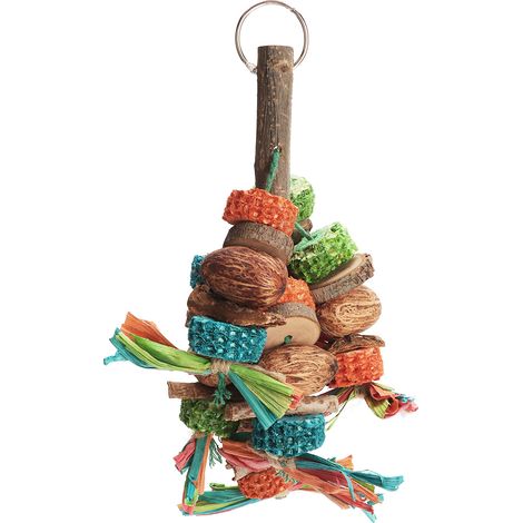 Jouet à mâcher pour perroquet : épis de maïs multicolores, blocs de bois, noix, écorce, jouet suspendu pour exercer le bec. (1/5)