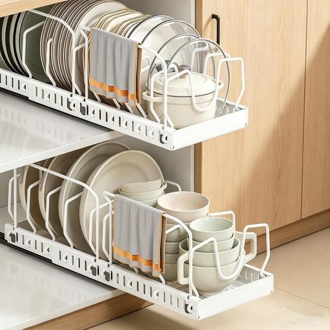 2 Pièces Organisateur de Casseroles et Poêles avec Barre de Sécurité, Organisateur de Couvercles de Cuisine avec 8 Séparateurs Réglables, Organisateur de Poêles Extensible avec Glissière, Sans Perçage (1/5)