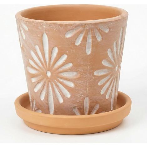 14cm Terracotta Flower Pot with Saucer, Vintage Embossed Sunflower Flower Pot Antique Clay Planter for Indoor Herbs, Succulents and Cactus Garden Decoration (1/5)