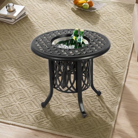 Table de jardin 55x55x49 cm, avec seau à glace, table d'appoint ronde en aluminium avec pieds réglables pour terrasse, jardin, piscine - Noir (1/5)