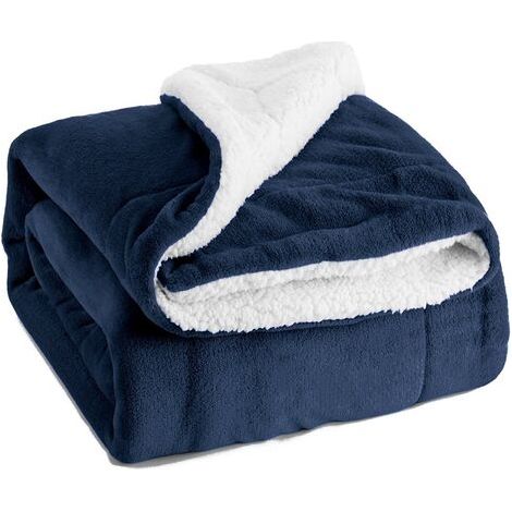 Plaid Couverture Polaire en Sherpa, 130x160 Couverture lit 1 Personne Bleu Marine, Plaid Canape Fourrure Jeté de Canapé Réversible, Jete de Canape Petit Épais Chaud et Doux en Peluche 130 x 160(Bleu m