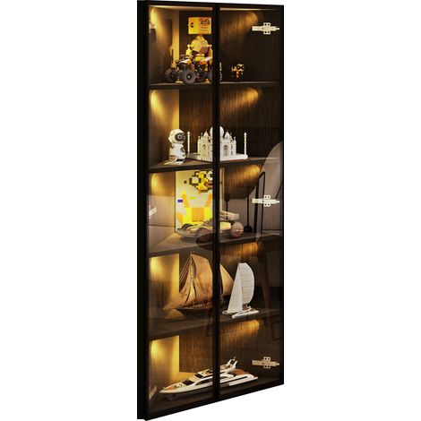 Vitrina de Esquina con 2 Puertas y LED, Estilo Moderno, para Salón, en MDF y Vidrio Templado, 62×35×160 cm, Negro