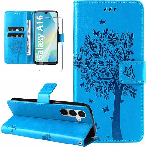 Coque pour Samsung Galaxy A16 4G/5G Etui Coque Portefeuille Cuir avec Verre Trempé Motif Porte Carte à Rabat Clapet Protection Flip Case Housse Coque pour Samsung Galaxy A16 4G/5G-Bleu