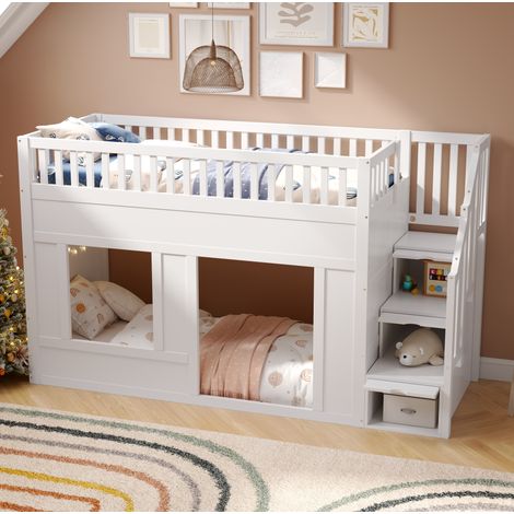Letto a soppalco per bambini 90 x 200 cm con scala contenitore bianco OKWISH (1/5)
